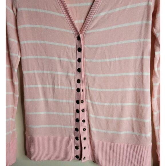 Zenana Outfitters Striped Cardigan Peach & White Small Bronze Colored Snaps - Picture 2 of 4